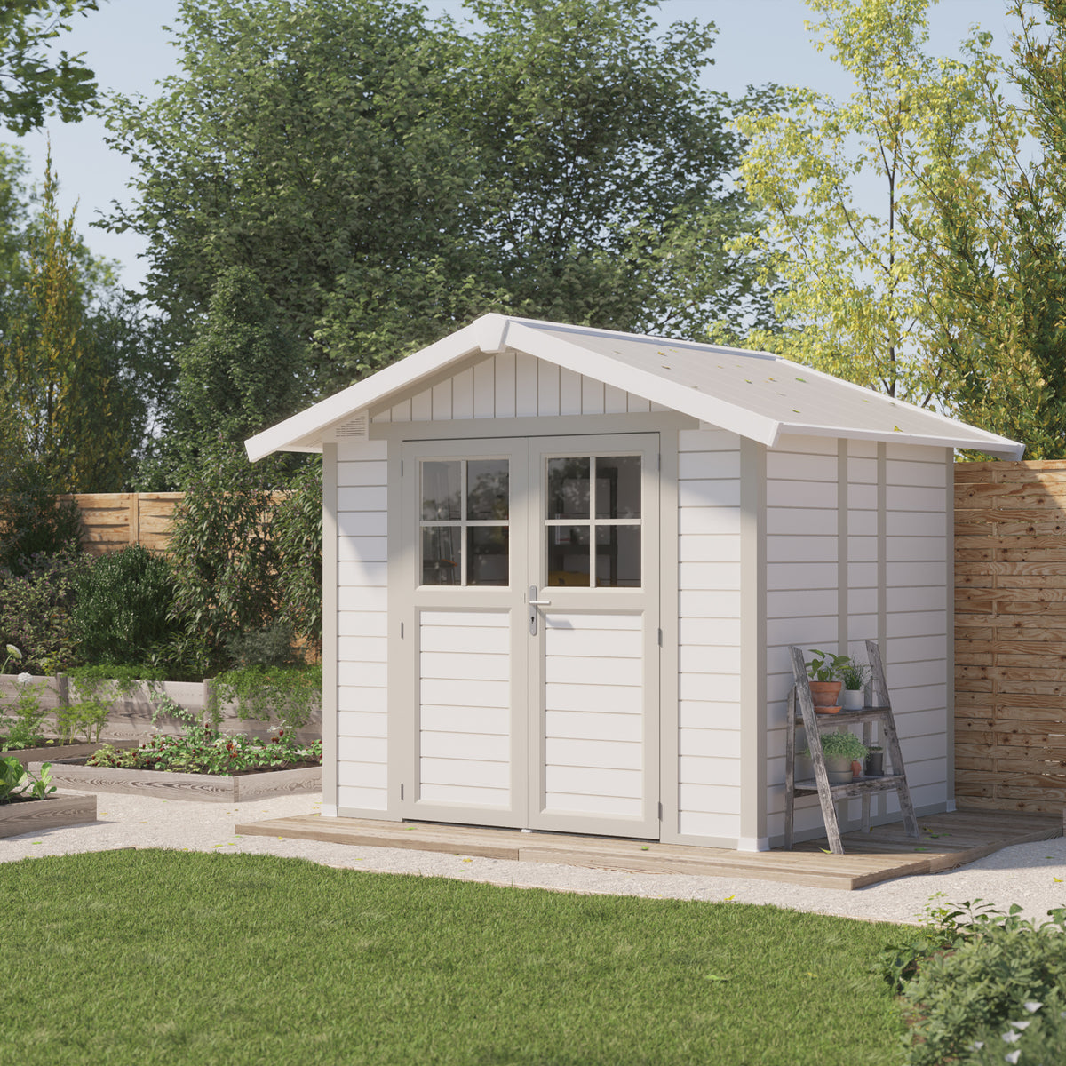 Abri de jardin 4,9 m² blanc - gris_vert Déco