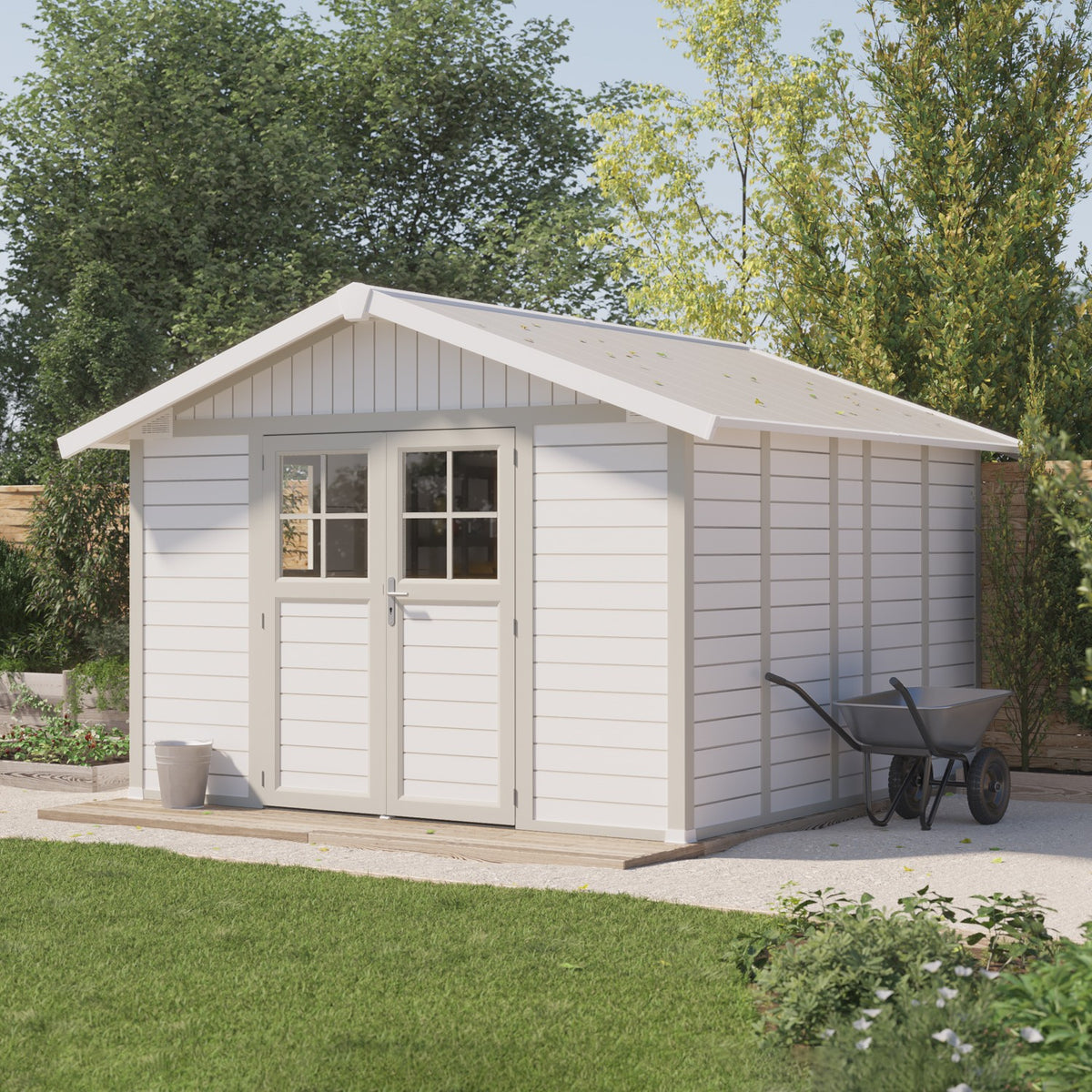 Abri de jardin 11 m² blanc-gris_vert Déco
